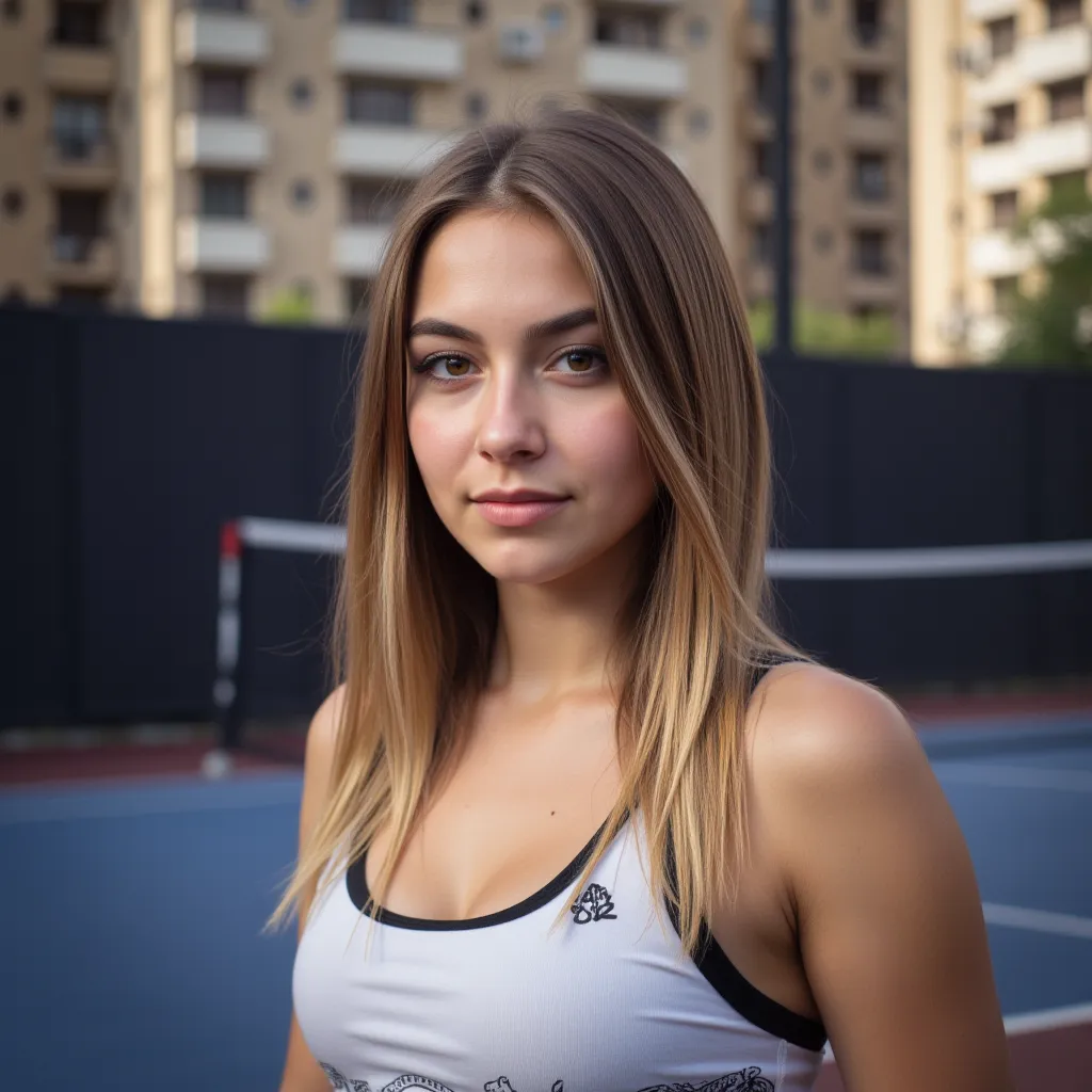 Woman standing on the tennis court. She has a tennis racket in her right hand. She holds up the tennis racket. ,  style photorealistic , ,  sharp focus, Background apartment blocks , daylight,  full body