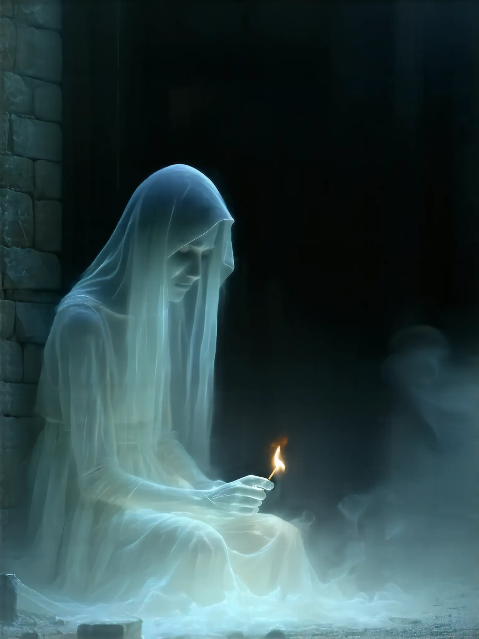 The ghost of the Little Match Girl, transparent body, vacant eyes, bowed head, sitting under a dim street lamp, lighting a match, an eerie atmosphere,