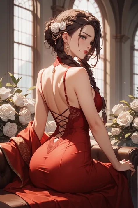 long haired and dark haired ，one braid，A Girl with Dark Eyes and a Beautiful Face、red glossy lips、Oshitakoshi、Sit with slender legs 、red dress，Brown Beauty，　Suki，Turning around from behind，White Rose，A side face tinged with sadness，shot from above