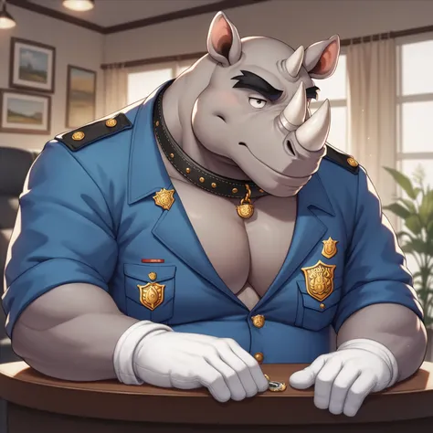 Scribble Rhinoceros face,Humanity(Rhinoceros),Chubby,(Black eyebrows:1.1),(Perfect eyes),Smooth Skin，（artist:Takemoto Arashi），Living room background，（Collar:1.3），claw，（Police Uniform:1.3）。Wearing a Leather collar around his neck. Wearing white gloves on hi...