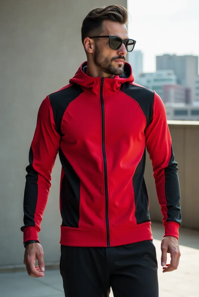 Create an image of a sporty red and black clothing with good design for men good design
