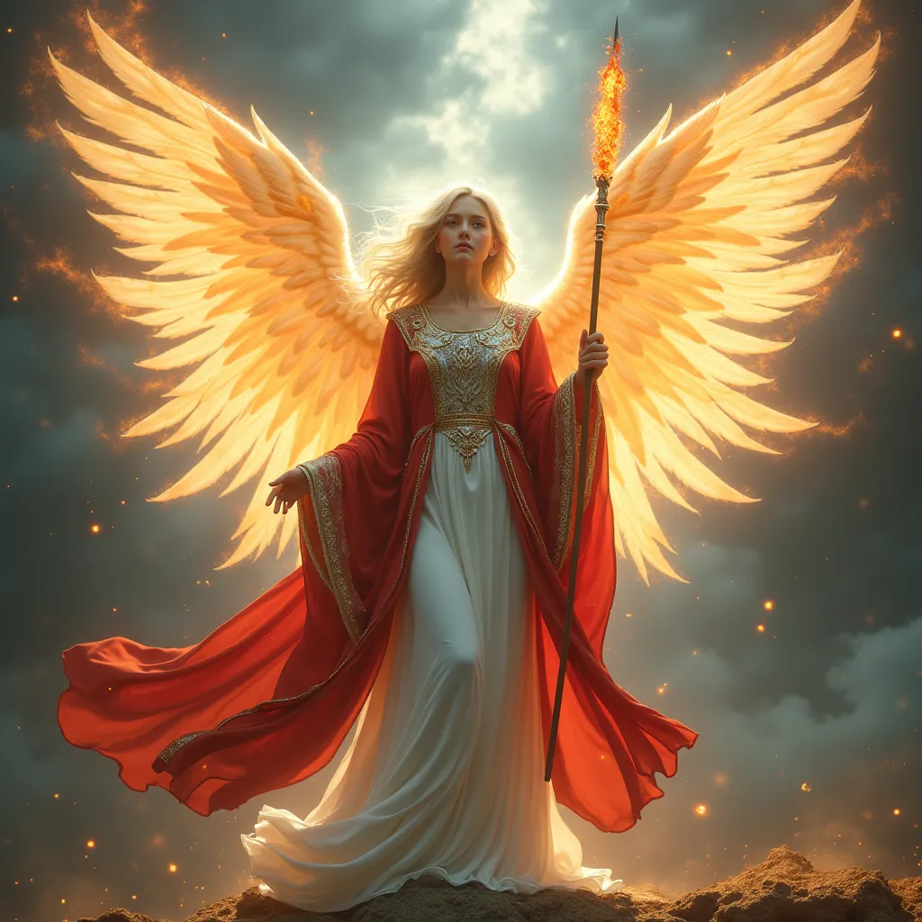 Seraphim, which has 6 pairs of wings on its back and is illuminated by a celestial body ,  a visual representation of a majestic Seraphim illuminated by celestial bodies , 背中に6 wingsがあり ,  wears a red robe adorned with silver and gold accents .  has a spea...