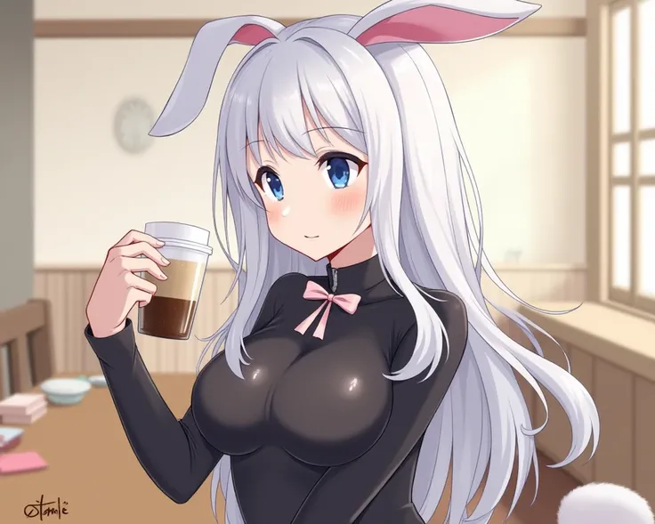 generate an anime high school she have very big breasts she has white long hair blue eyes she tall 
holding my hand and smile in shyness whlie i was drinking coffee she wear ribbon and black bunny suit her Breasts was so big that the suit almost couldn't f...