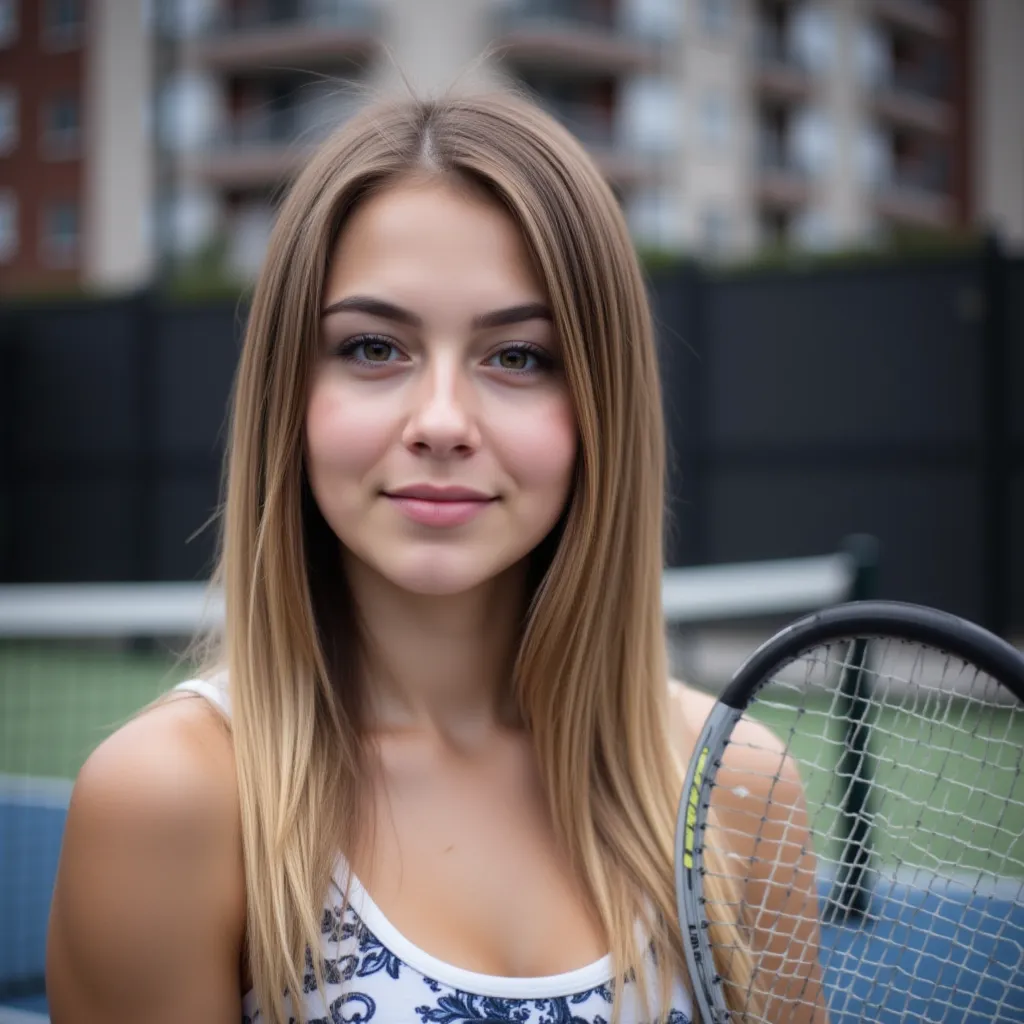 Woman standing on the tennis court. She has a tennis racket in her right hand. She holds up the tennis racket. ,  style photorealistic , ,  sharp focus, Background apartment blocks , daylight,  full body