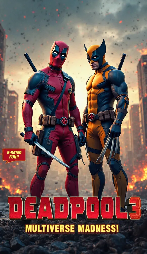 Create a cinematic, ultra-premium thumbnail featuring Deadpool (Ryan Reynolds) and Wolverine (Hugh Jackman) in an action-packed stance. Deadpool should be holding his katanas with a playful smirk, while Wolverine has his claws out, ready for battle. The ba...