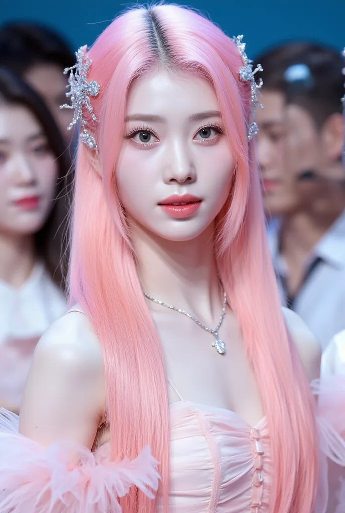 Soft creamy pastel pink hair , western make up , dior, blue eyes  , nude pink make up , ถ่ายแบบ  , shiny hair , high quality , at stage , concert dress
