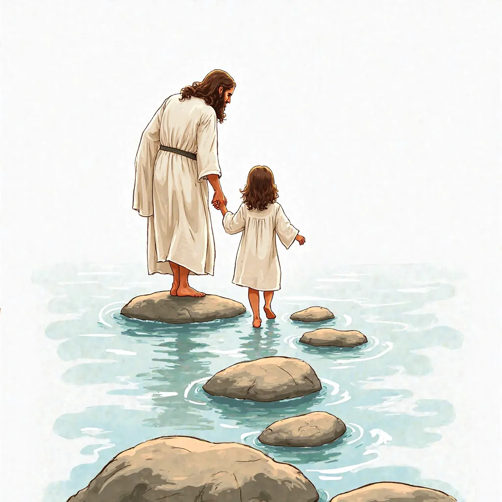 Colorful sketch caricature style on a white background, this image depicts the back of a Jesus dressed in white robes holding the hand of a , walking on a rock in the water, with Jesus walking in front of him. The water is calm, and one by one the stones p...