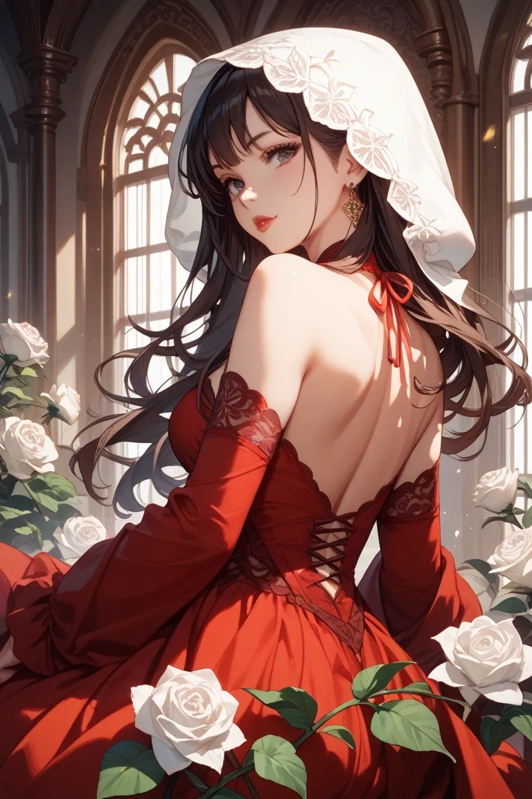 long haired and dark haired ，A girl with dark eyes and a beautiful face、red glossy lips、Oshitakoshi、Sit with slender legs 、red dress，Brown Beauty，　Kamigami，Turning around from behind，White Rose，hood smiles 