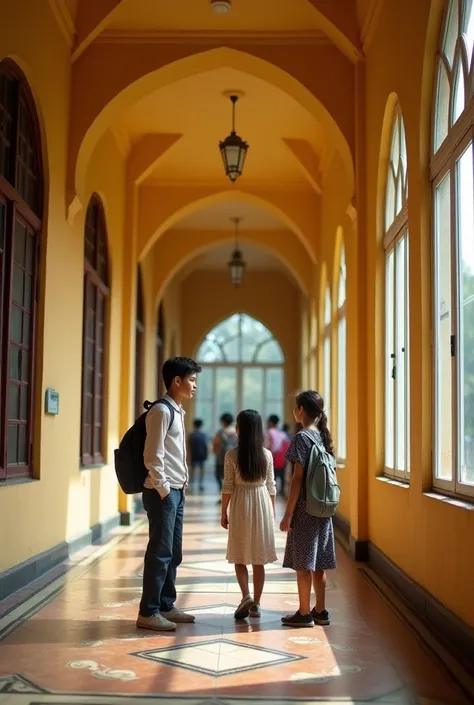 An Indian college corridor with high ceilings and large arched windows. A boy and a girl are standing near a window, talking animatedly. The corridor has mosaic tiles and faded yellow walls, creating a nostalgic and serene atmosphere. There can be seen pro...