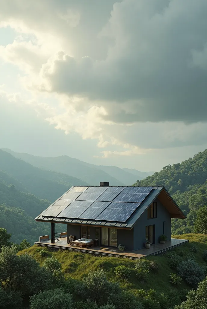 house with solar panels and cloudy sky with little sun
