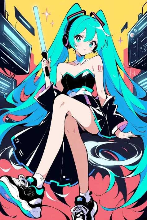 (has the best quality, sketch:1.2),practical, illustration designer  ,cunning，1 girl,   Hatsune Miku  ， delicate lips , Hold the baton in your hand， strapless， Neon long hair  ,  high ponytail green  ， skirt， Put your foot on the sound，sneakers。 masterpiec...