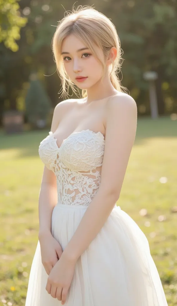 In the distant image,，A young woman standing tall with white lace。, she wears a light gold high ponytail，Smooth and shiny hair ，looks like a layer of halo in the sun。Wearing a bandeau dress，outlines her elegant neck and shoulder lines。mesh skirt，in the sun...