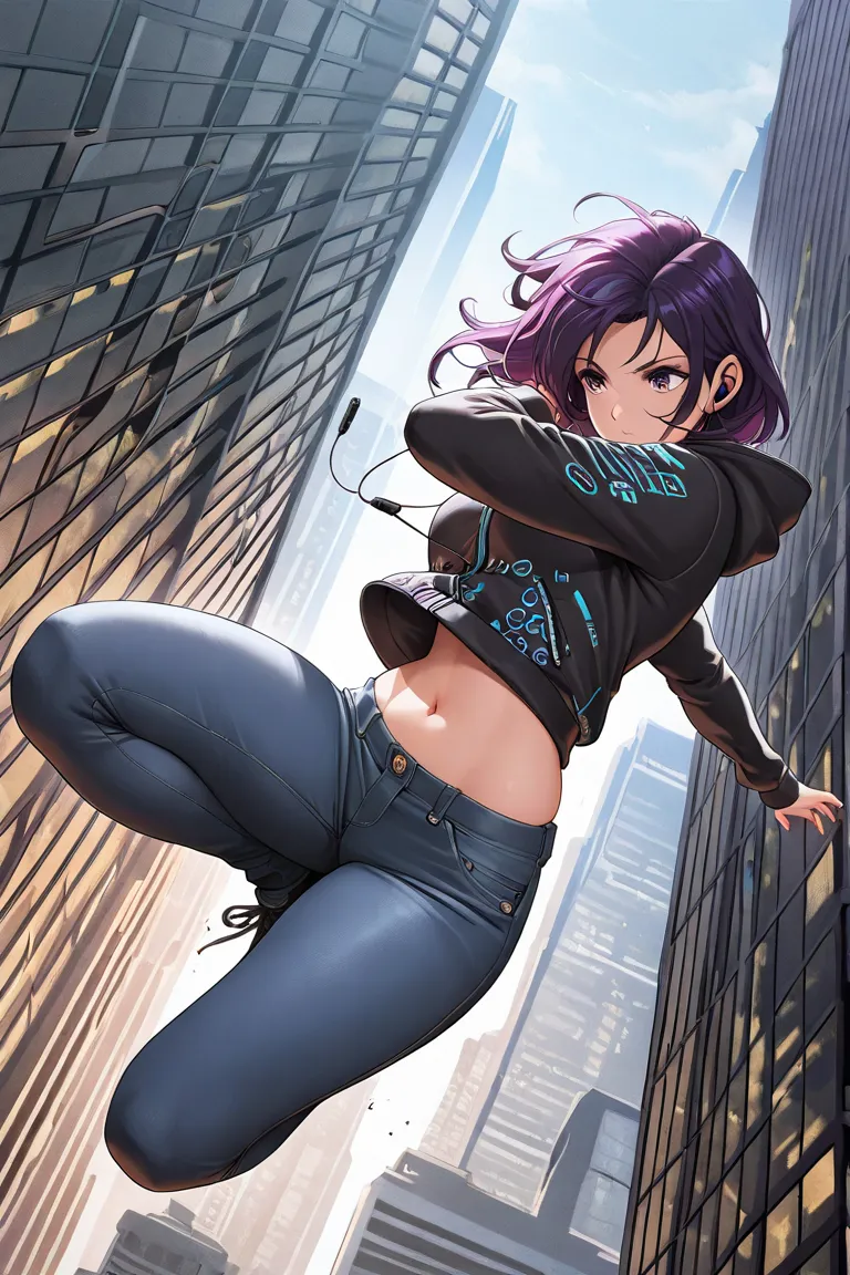 ((((  masterpiece)))), (((( top quality)))),  High Resolution,fine grain,masterpiece, slender on the background,adults,1 girl crouching, hoodie,Wear ,shortcuts, Purple Hair,Jeans-patterned jacket,belly button sticking,Earphones, action,jumping off a tall b...