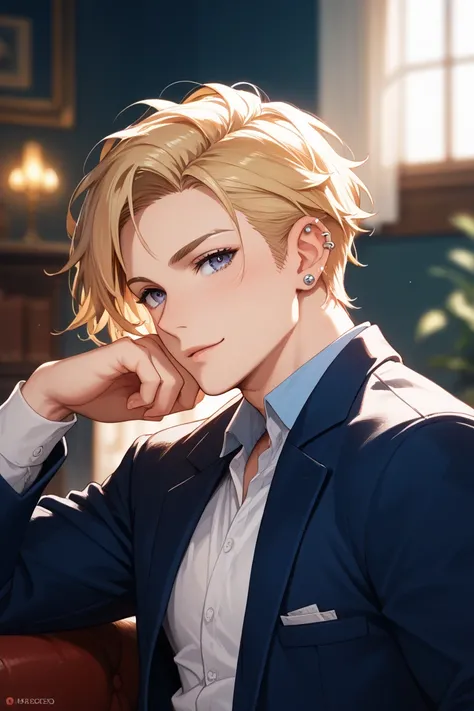 Handsome male high school student blonde with bad eyesight slightly flirty single ear piercings