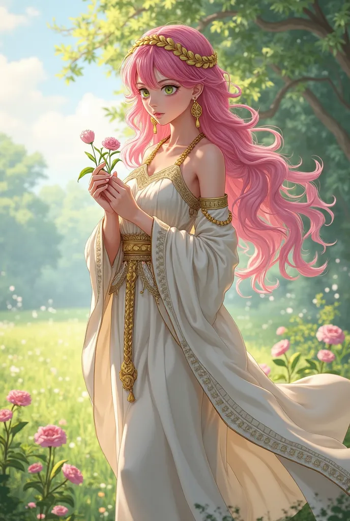 Mitsuri Kanroji wearing ancient Greek clothing, carrying a few flowers with a relaxed expression.