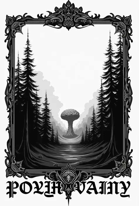 Create a black-and-white t-shirt design in black metal style. Top: empty space for a logo. Below: rectangular frame with a scorched forest and nuclear mushroom cloud in the background. Bottom right: 'PODYH VAINY' in bold gothic font. Overall: dark, minimal...