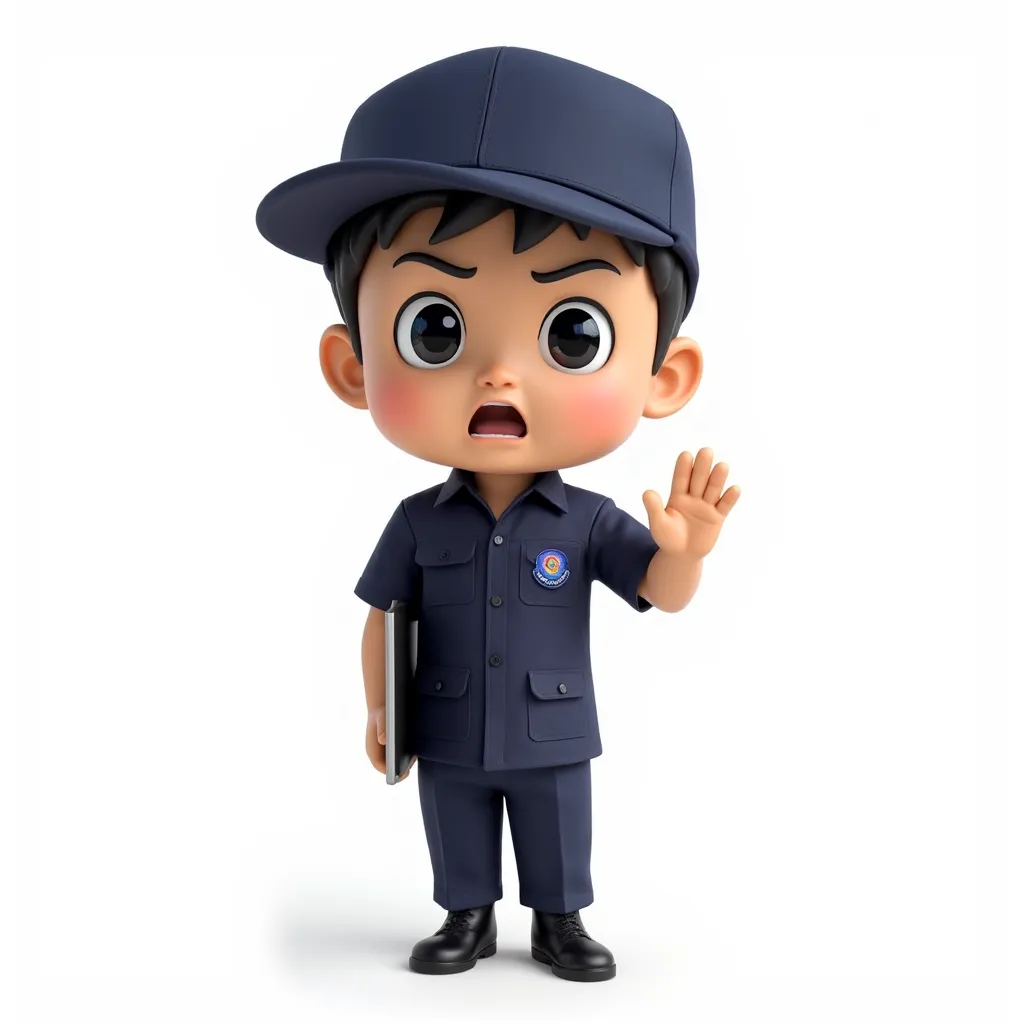 A chibi-style 3D cartoon illustration of a Thai soldier in a dark blue short-sleeved uniform, dark blue slacks and a hat, standing with one hand raised in a stop gesture and the other holding a laptop computer, looking angry or shouting, with big anime-sty...