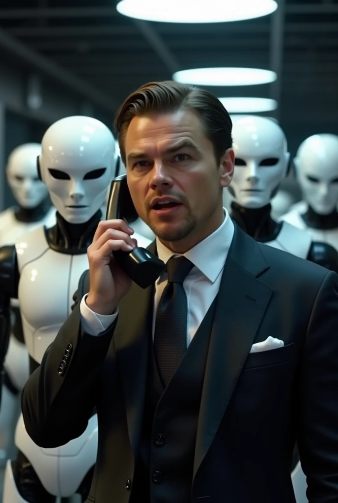 Leonardo Dicaprio as in the movie "O Lobo de Wall Street",  wearing an elegant dark suit , holding a telephone and speaking with great enthusiasm. Behind him, several futuristic-looking humanoid robots are aligned, symbolizing an automated sales force. The...