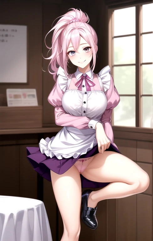 ((highest quality、High Resolution、Very Detailed CG Unity 8K Wallpaper))、detailed face、perfect body、 unrivaled beauty 、beautiful breasts、opens her legs、はにかんだsmile、(( She lifts her skirt and shows her panties )), ( Her Crotch Cup ), ( classic puff sleeve ruf...