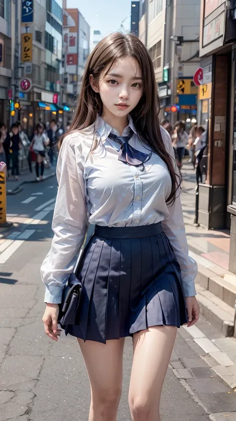 a beautiful 18 year old Japanese high school girl with perfect anatomy, healthy thighs, beautiful legs, beautiful skin, random hair color and style, large breasts, (wearing a Japanese schoolgirl uniform:1.3), (she is standing:1.2), penny loafers, holding a...