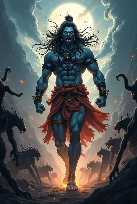 Anime Lord shiv angry face with full body and wear tiger cloth and walking in black valley with demons