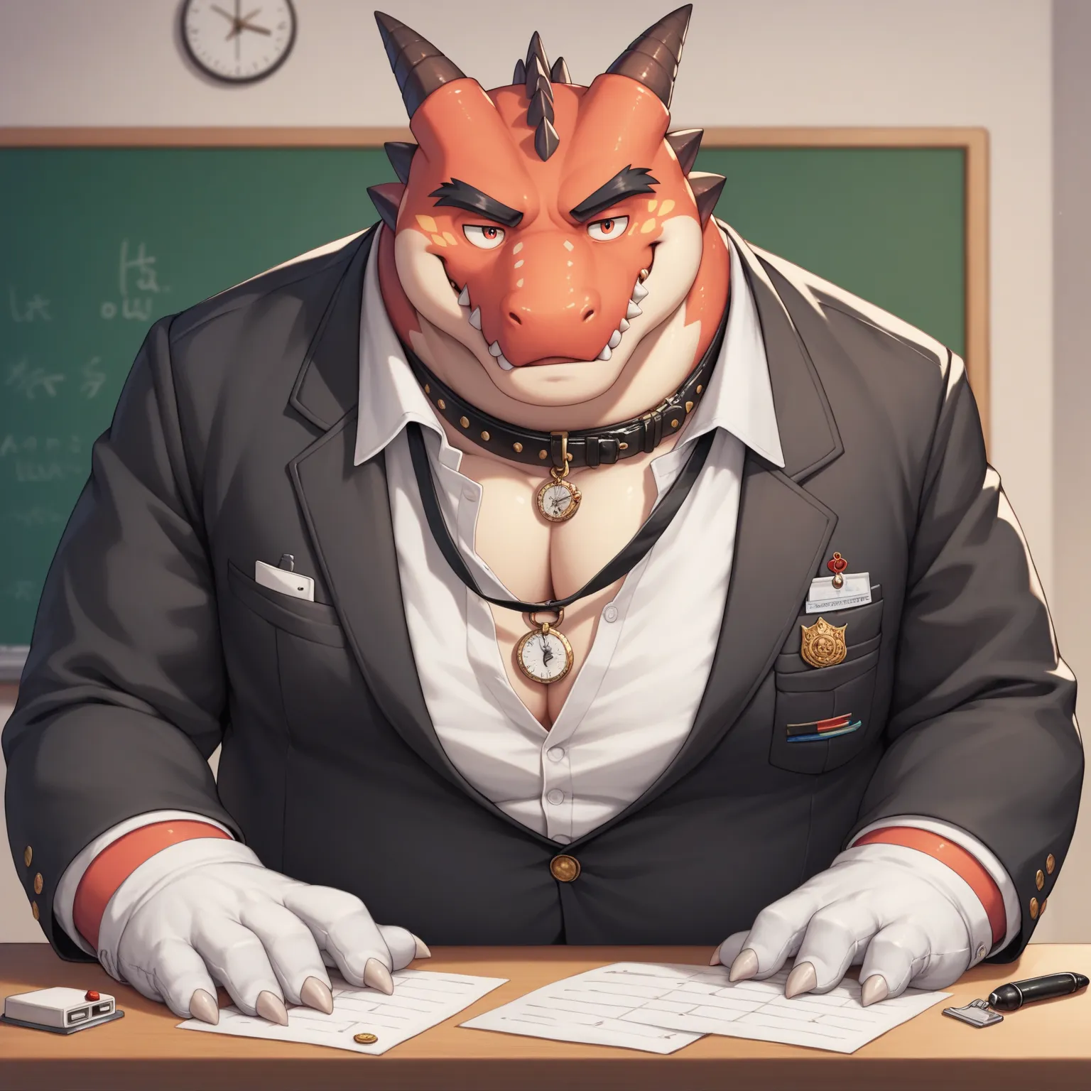 Scribble Dragon face,Humanity(Dragon),Chubby,(Black eyebrows:1.1),(Perfect eyes),Smooth Skin，（artist:Takemoto Arashi），classroom background，（Collar:1.3），claw，（Professor Uniform:1.3）。Wearing a Leather collar around his neck. Wearing white gloves on his hands...