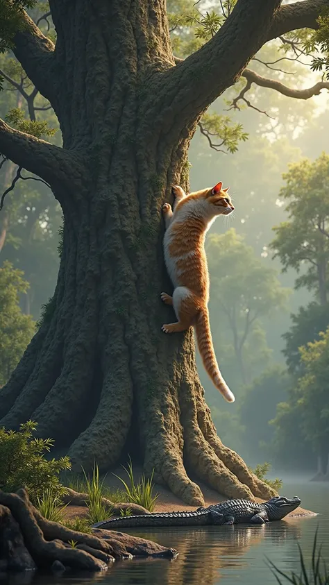 Realistic The cat climbed a big, tall tree.Under the tree, there is a river with a crocodile looking at the cat.