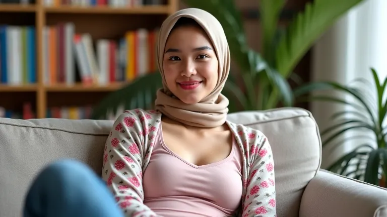 Create an image of a young woman sitting comfortably on a sofa in a cozy indoor setting. She is wearing a light pink top, a floral cardigan, and a beige headscarf, showing off her sexy body shape and prominent breasts. The background features a bookshelf w...