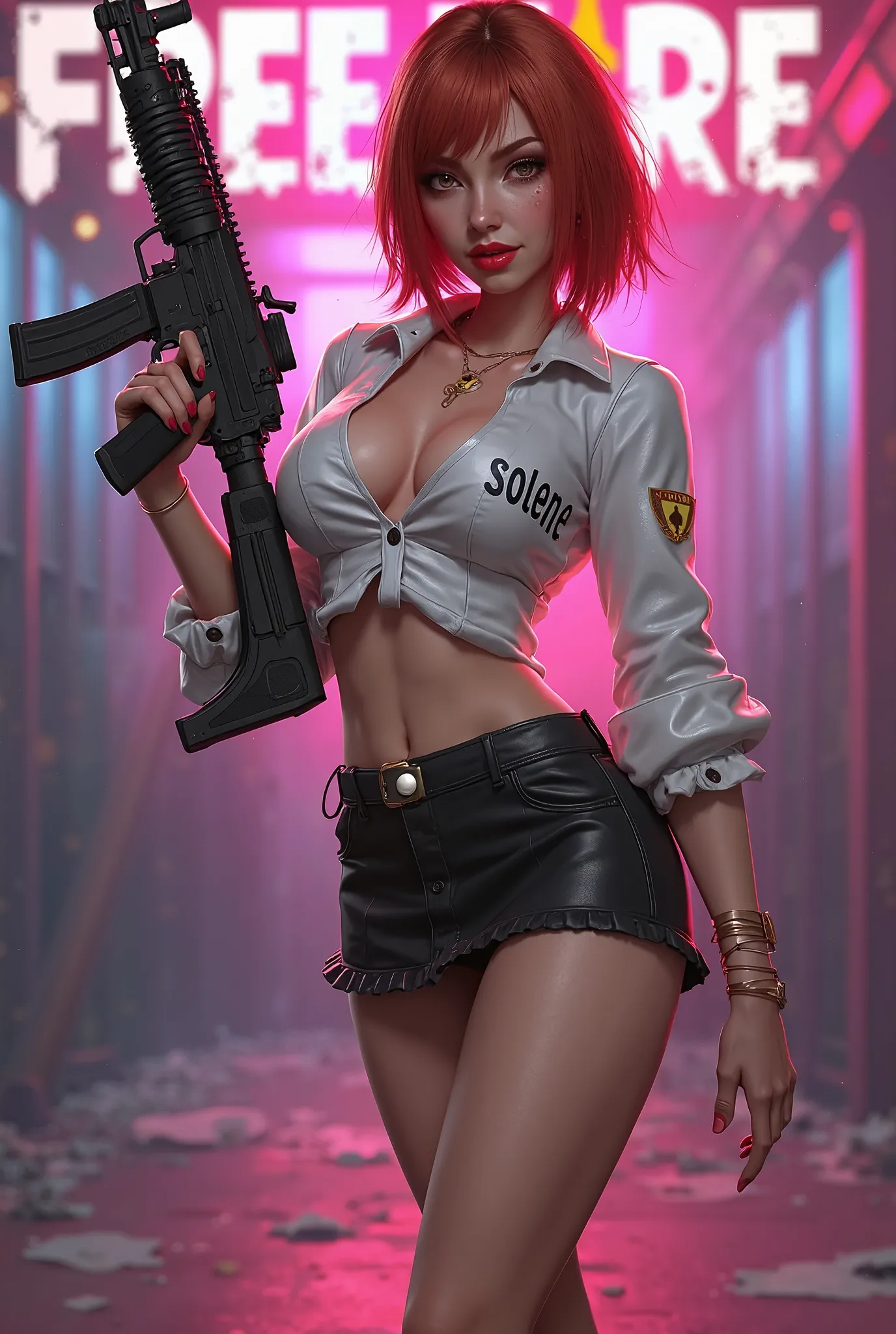 Freefire game style character all sexy, of skin jambo, short medium copper red hair, dark brown eyes, wearing red lipstick, wearing a short white low-cut blouse with the name SOLENE written on it and a short black skirt, high white shoes, holding a beautif...