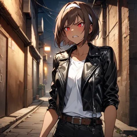  solo_woman,red_eyes,dark_brown_skin,dark_hair,short_cut,dislike,disgust,irritation,glare,(grit_teeth),look_at_people,angry,focus_on_face,she_wears((black leather jacket with rolled up arms)),open jacket,black fingerless gloves,white t-shirt,. ((white head...