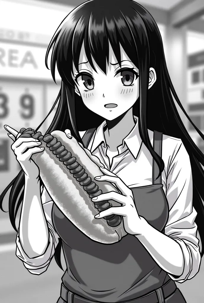 hot dog,Japanese anime style,black and white comic,black and white comic风格, fine details,high quality,4K,ultra-high definition,Super real,Professional painting ,Vivid colors,Glassy,Rich texture,Black and white color grading