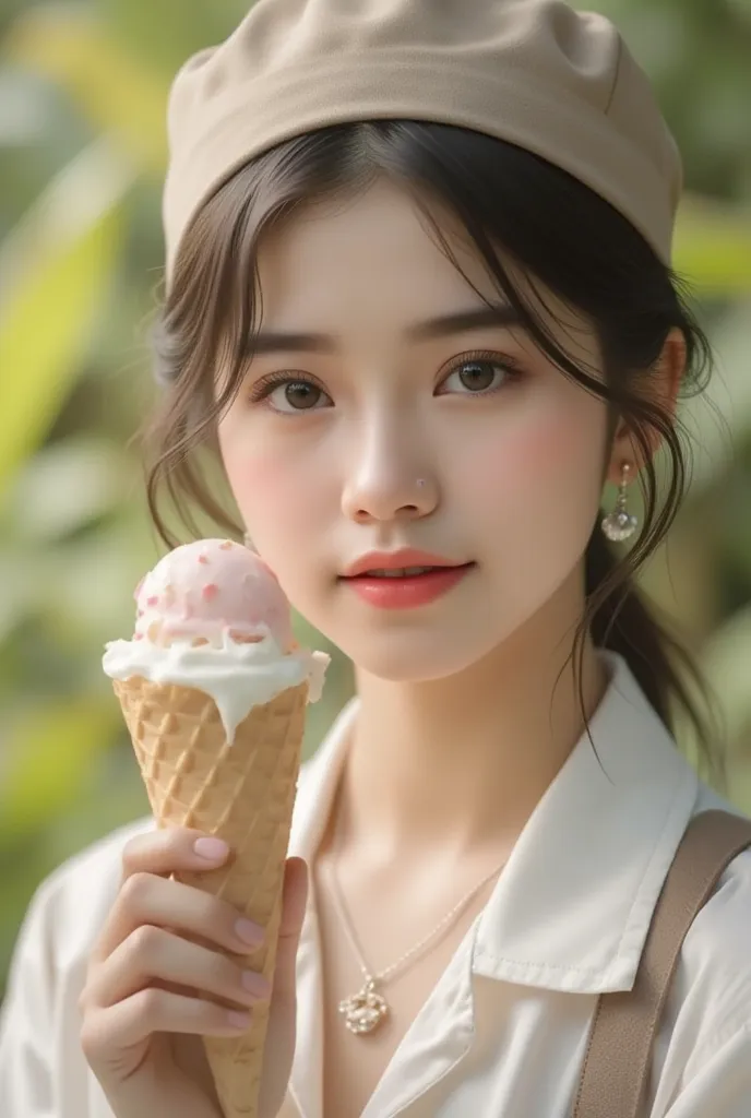 wanita desa perkebunan yang cantik, kumis charly chaplin, janggut thao, kepanasan, memegang ice cream cone yang meleleh, detailed portrait, beautiful woman, village plantation worker, charming facial features, mustache, beard, hot weather, melting ice crea...