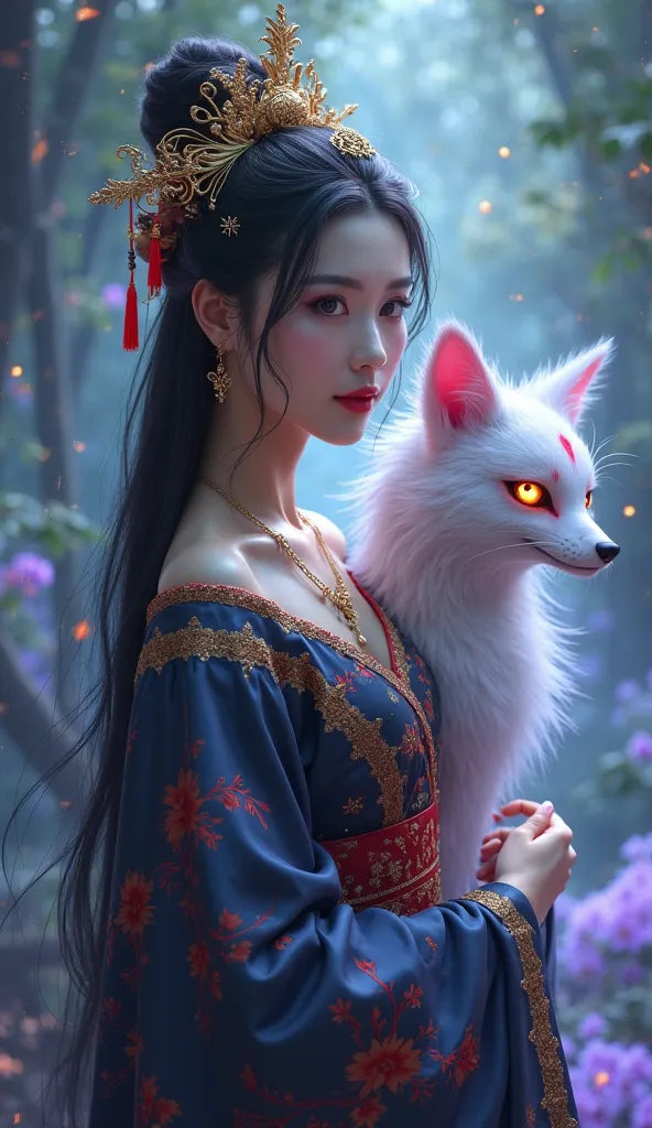 A  beautiful East Asian goddess, wearing a luxurious dark blue silk hanfu with red and gold floral patterns, elegant off-shoulder design, adorned with golden hairpins, delicate earrings, and a royal golden headdress with red tassels, her long black hair fl...