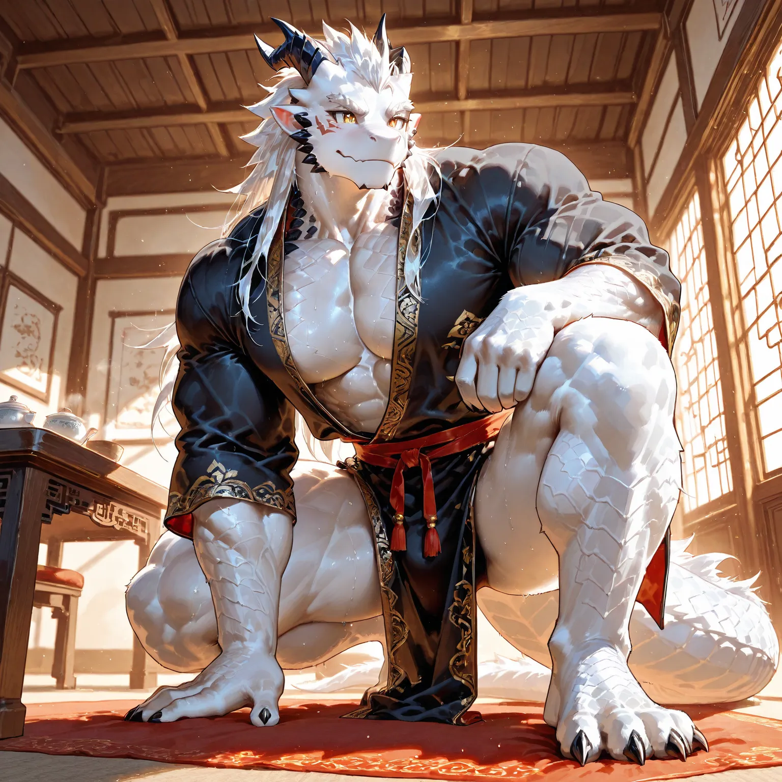 White Dragon Man ,furry(White Dragon Man  ：1.2),,Muscular,(  black eyebrows :0.7),( Exquisite eyes：1),white fur，paw，（ black beard:0.7），（ crotch bulging :0.8），（Knight：0.9），（ mature ：0.8），  muscles have a strong sense of strength，（ facial scars），（Uncle：0.9），...