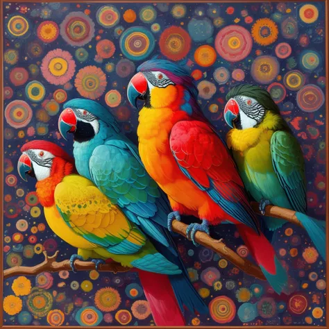 Abstract art:  three-part composition , Overall green,  yellow, blue,  Mosaic art ,Biologically accurate parrots,Shapes and circles.  Attractive and Beautiful Scenery Appears , Chaotic Colourful Dot Ink Strokes, Details that merge with the world . Every ci...