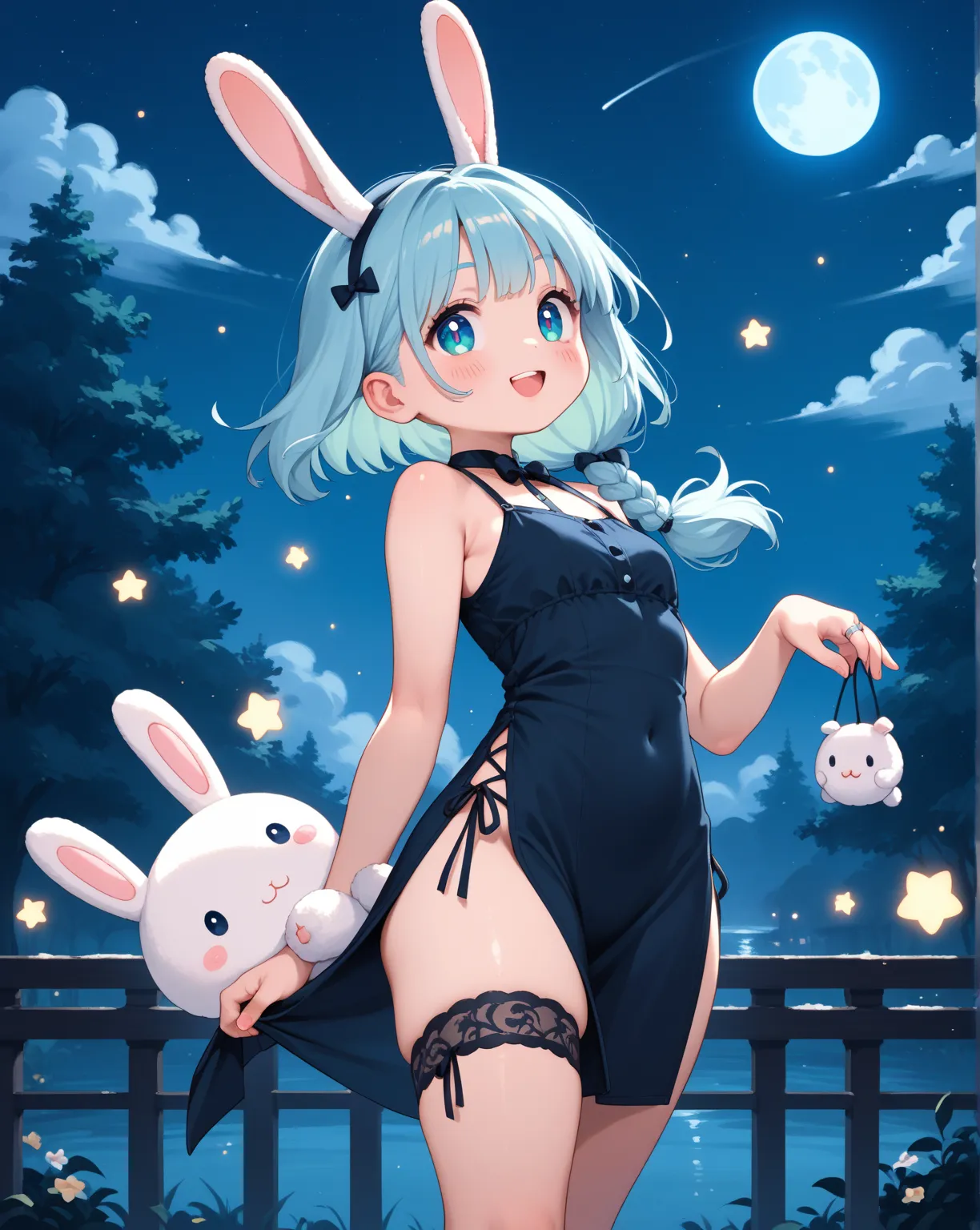 chibi anime , petit girl , round face , show off Thick thighs , bold open side drawstring dress , black garter ring , (heart is beating fast:0.1) , (Rodents tooth) , bold pose , out of frame , looking away , coquettish , stuffed rabbit , turn , night club ...