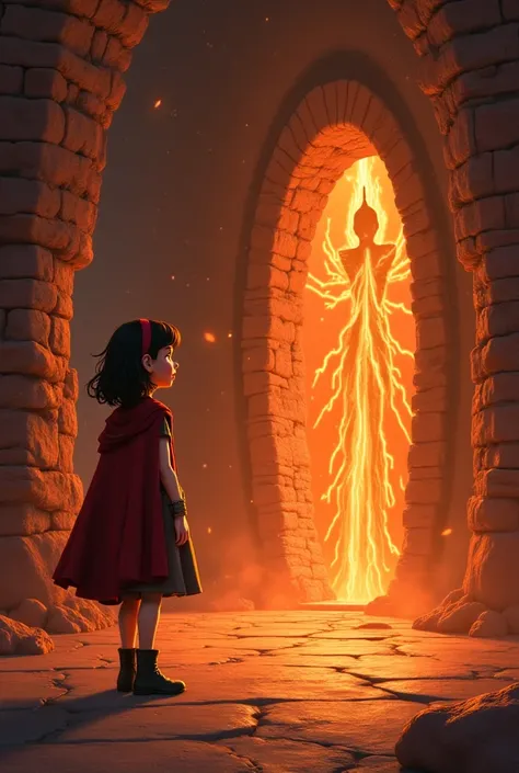 disney pixar poster. girl with brown hair and bangs with brown clothes and a cape who is in the basement of a castle where she meets a statue that throws fiery arrows at her with a magic door behind it 