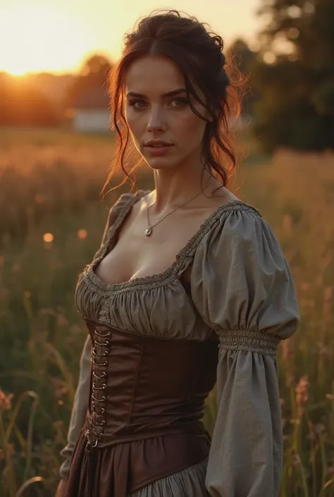 peasant girl, Dressed sexy,  chest open, Gorgeous and sultry busty athletic (thin) brunette peasant with sharp facial features wearing a modest updo, rough-spun grey and brown medieval dress, long sleeves, wide neck, long dress, tight bodice, corset, Middl...