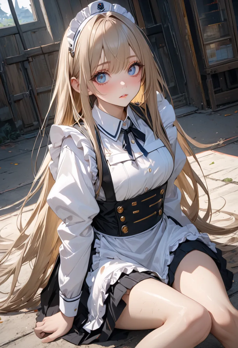 Anime girl with long hair and uniform sitting on the ground,  best anime 4K,  anime fantasy art ,  ANIME MAID NACHI SS MILITARY , anime style 4k, , Ultra High Definition、masterpiece、correct、anatomically correct、textured skin、very detailed、high detail、highe...