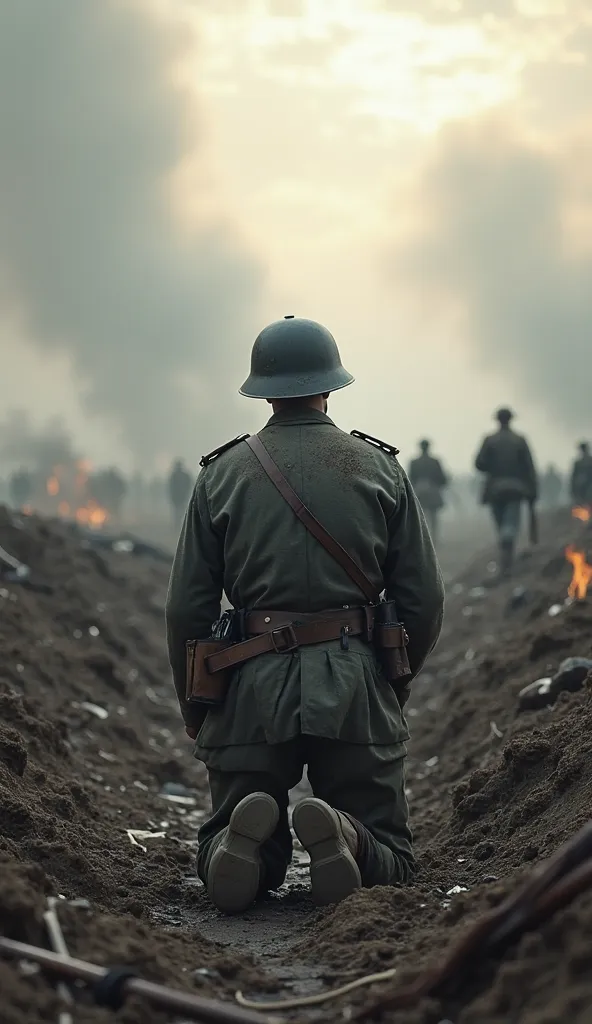 A realistic depiction of a battle-worn German soldier kneeling on one knee in the middle of a war-torn battlefield. His uniform is dirty and damaged, his helmet slightly tilted, revealing a weary yet resolute posture. With his back to the viewer, he looks ...