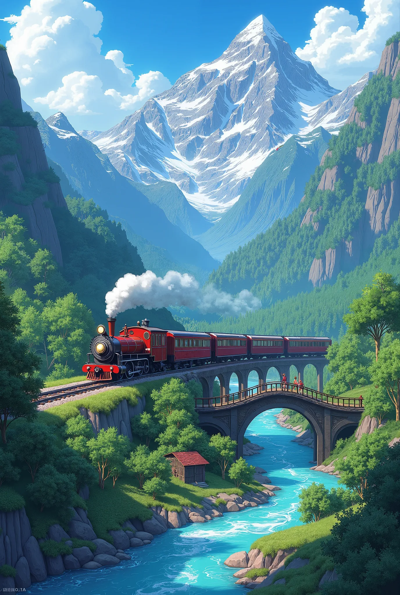 create train wallpaper with hilli mountain river bridge forest in anime form 4k uhd