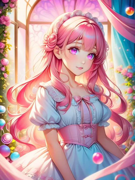 anime girl, pretty face, lolita style pink eyes, long pink hair, candy background, (eye details), (face details), (body details), (background details), (masterpiece)