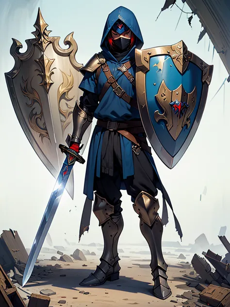 medieval anime art, masterpiece, best quality, by professional artist, male, solo, detailed composition, (((hood))), (((medieval mask))), (((paladin)), (((full body portrait))), (((rebel))), (((damaged armor))), (((sword and shield)))