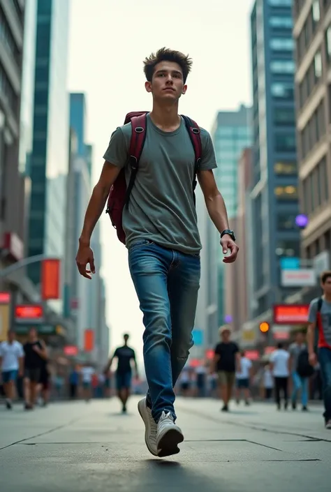 Create the image of a young man walking on his back in the city with a backpack on his back 