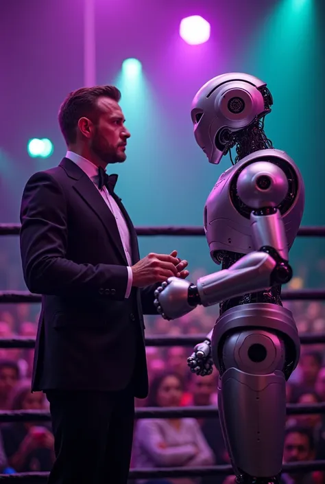 A human salesman and a humanoid robot, both equipped with telemarketing microphones, face off in a boxing ring illuminated by purple and green neon lights. The seller ,  wearing an elegant costume,  he displays a determined expression , while the robot , w...