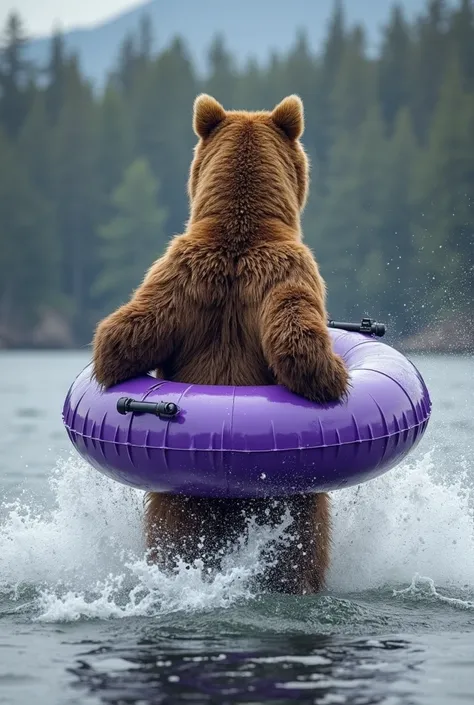 A Back Side view of A big Standing Grizzly Bear wearing a Large inflatable purple pool ring floatie on the bear’s waist Revving up like a Motorcycle engine on the Inflatable purple pool ring floatie Powered with a Boat propeller motor mounted on the back u...