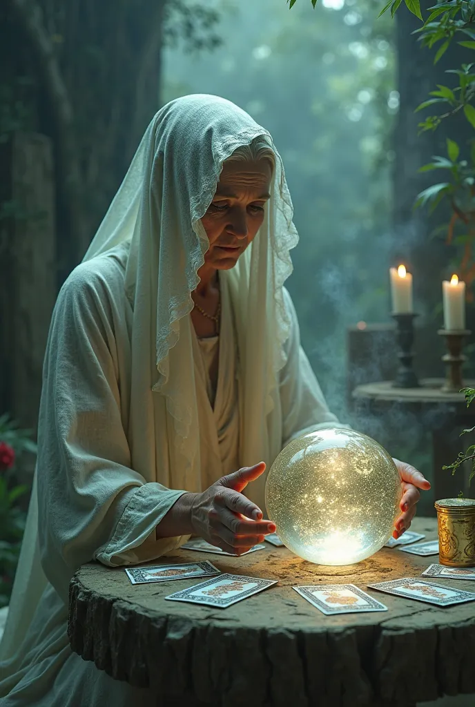 Create an image of a taro table with cards and a crystal ball and in the background an elderly and mysterious lady from the spiritual world