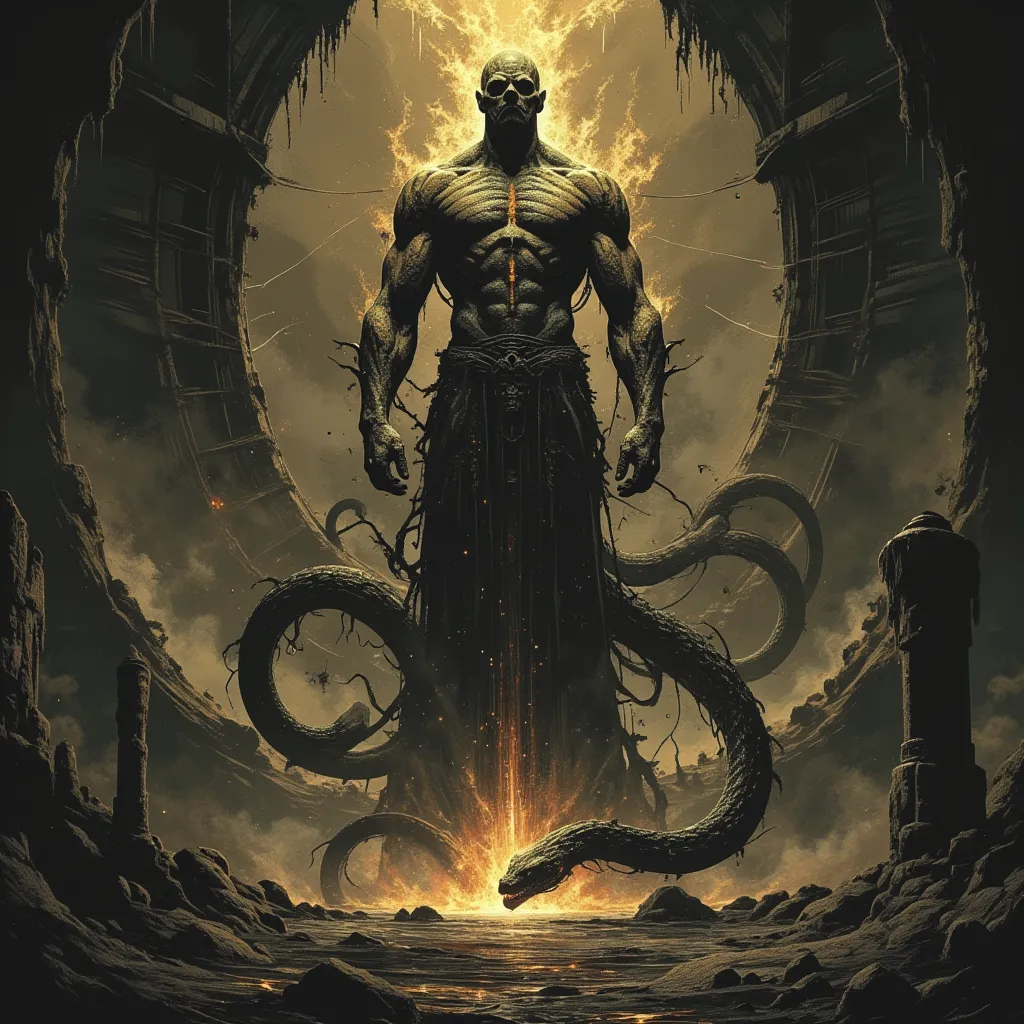 Lovecraftian god half human and naga silhouette for book cover