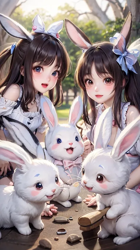 Girl playing with lots of rabbits, smile, ribbons, twin tails,    accessories, teeth,        Rabbit Ears, anatomically accurate,  Brush,  brown eyes,