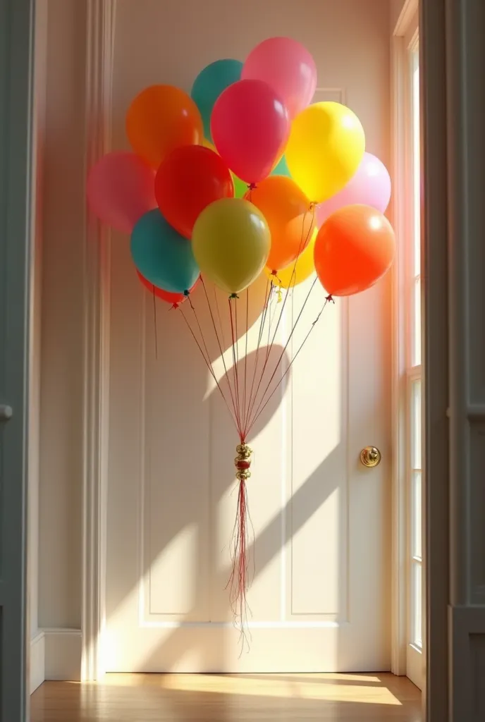 "happy birthday" balloon bouquet floating mid air, in a room against an off-whitish but white wall, with a spotlight casting light over the balloons from the upper right side, so the shadow in falling on the door, this all takes place on a wall of a room w...